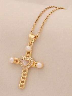 Gold Pearl Heart Cross Necklace - Women Jewelry